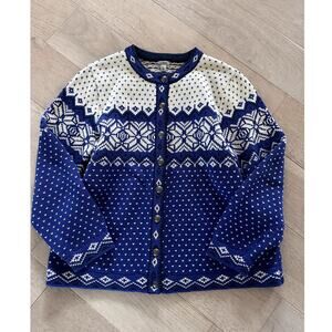 L.L.Bean Womens Nordic Cardigan Sweater Size 2X Cotton Blue Cream Fair Isle New